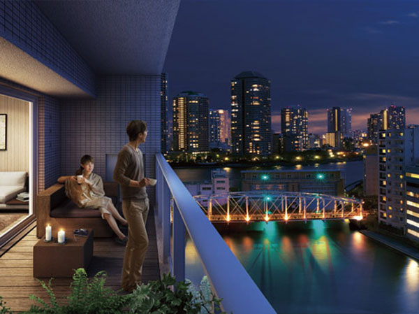 Buildings and facilities. It is the city center area of, that you are wrapped in moisture, yet the city center. The living environment of longing that combines the two, into the house, live in order to lead into the human mind, is that first asked all houses south-facing ・ Riverfront of openness.  ※ In fact a somewhat different in a composite of Exterior CG from local from the 13th floor equivalent of the height of the 80m point shooting (April 2013) the view photo.