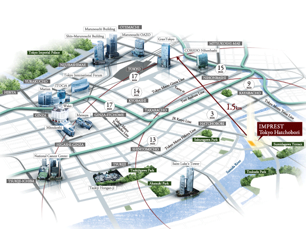 Surrounding environment. Of ordinary property is born, "Tokyo" station, "Ginza", including the peripheral station, the center area of ​​the city center, surrounded by renowned area. Because it is 19 minutes less than walking Speaking of 1.5km, of Gleam sending to the world on behalf of the TOKYO area is freely fun Mel location in my garden sense. Yet, Ichikaku of this house is nestled on the banks of the Kameshima River, about the quiet streets to forget that it is a city center. Switching on and off instantly, manipulate the time, the ideal of urban life will start from here.  ※ Area conceptual diagram