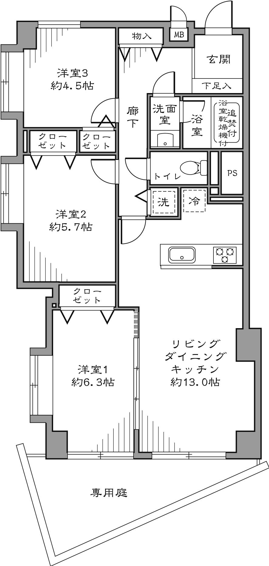 Floor plan. 3LDK, Price 42,800,000 yen, Spacious 3LDK proprietary area 69.73 sq m 69 square meters