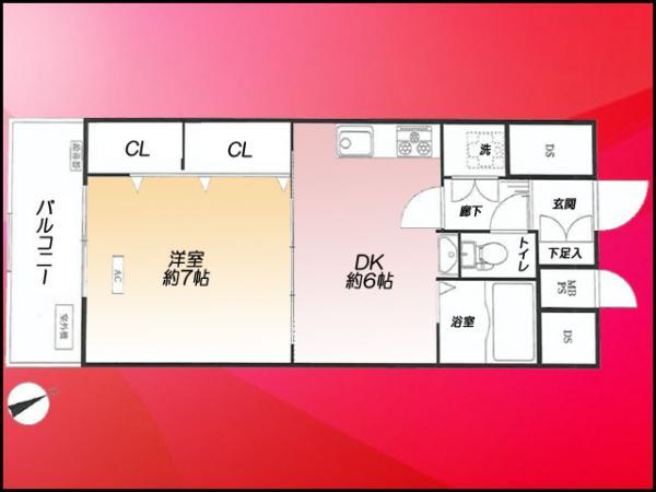 Floor plan. 1DK, Price 17.8 million yen, Occupied area 33.93 sq m , Balcony area 5.07 sq m