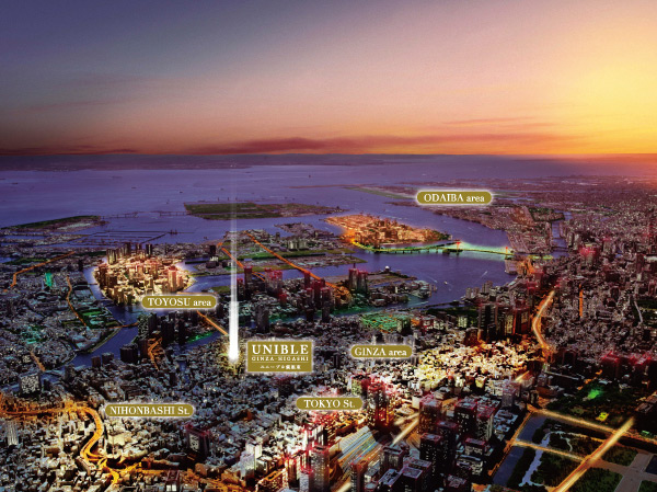 Surrounding environment. And the active side to the city center to the life stage at the center area of ​​Chuo-ku,, Birth to the location with two sides that wrapped the living environment in moisture.  ※ And subjected to a CG processing of light or the like to an aerial photograph (September shooting 2013), In fact a slightly different.