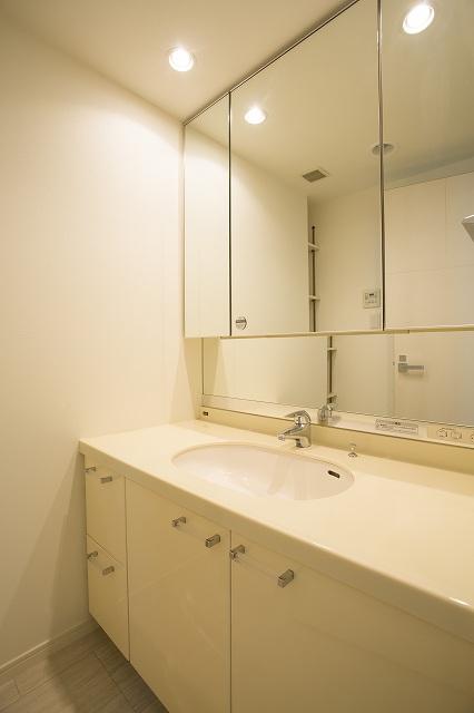 Wash basin, toilet. Housed with three-sided mirror