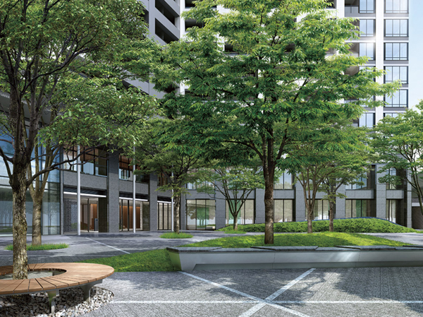 Shared facilities.  [It was opened in the city, Creating a green landscape "open forest" / 1F] Spreads lush approach space "open forest" is in front of the "Grand Entrance". (Open Forest Rendering)