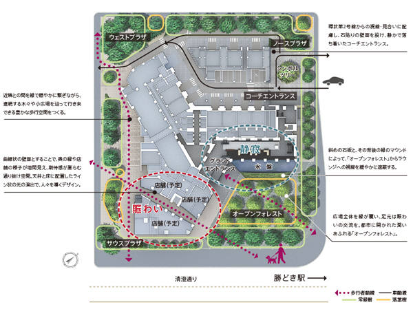 Shared facilities.  [Take advantage of the urban space that is born from the Tri-star] Tri-star Tower, Rich urban space is born at the feet. Taking advantage of this space, Lush approaches and waterside of moisture full of the "basin" plan of more than 50m. Summer is lush shade, The Sunny in the winter planting 栽計 image, such as, It has designed a variety of natural hospitality. (Site layout)