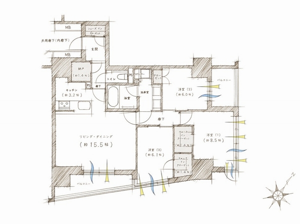 Building structure.  [95D type] 3LDK + N + 2WIC + SIC Occupied area / 92.88 sq m  Balcony area / 12.52 sq m (N = storeroom, WIC = walk-in closet, SIC = shoes-in closet)