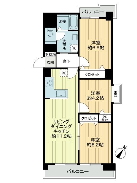 Floor plan. 3LDK, Price 34,800,000 yen, Occupied area 62.51 sq m , Balcony area 12.89 sq m floor plan