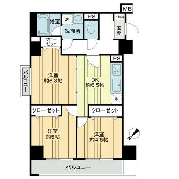 Floor plan. 3DK, Price 33,800,000 yen, Occupied area 61.36 sq m , Balcony area 6.25 sq m