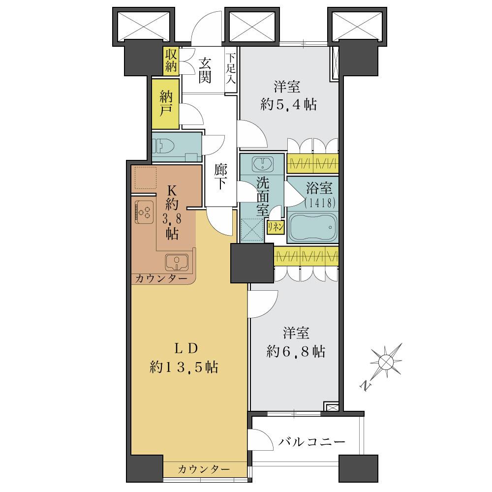 Floor plan. 2LDK, Price 58,800,000 yen, Occupied area 67.44 sq m , Balcony area 4.42 sq m