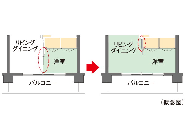 Living.  [Flexible Plan] By opening a movable partition door of Western-style, living ・ Dining and integrated utilization has adopted a flexible design that can be. Without reform, The ability to change the partition, You can use tailored to the lifestyle. Also, It can be stored partition door to the indoor side, Since there is no extra sleeve wall to the window surface, It will feel a more open-minded unity.  ※ A ・ B ・ Btr ・ F type only