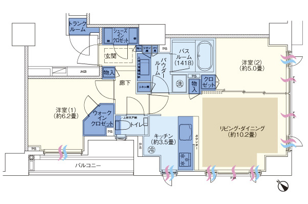 Other. Btr type 2LDK + walk-in closet + shoes closet + trunk room occupied area 59.27 sq m (trunk room area including 0.86 sq m) Balcony area 5.75 sq m
