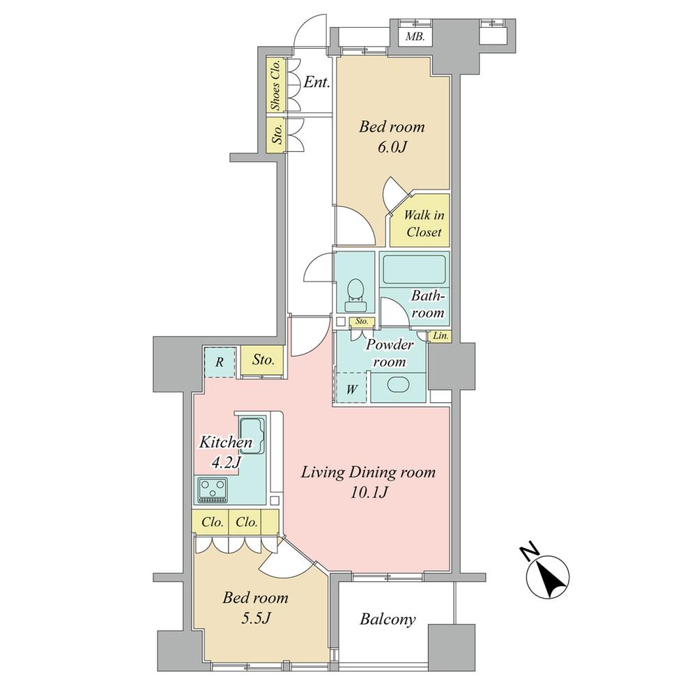 Floor plan. 2LDK, Price 44,800,000 yen, Occupied area 61.85 sq m , Balcony area 5.2 sq m