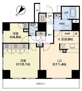 Floor plan. 2LDK, Price 58,800,000 yen, Occupied area 69.87 sq m , Balcony area 12.41 sq m