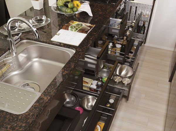 Kitchen.  [Slide with storage silent rail] Storage of under-counter adopts a take easy pull-out thing in the back, It is with silent rails close to slowly quiet.