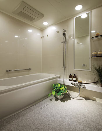 Bathing-wash room.  [Bathroom] The type of downlight lighting to be embedded in the ceiling, The space in which to relax and more refreshing the space in the bathroom. Align the easy-to-use functional items in a convenient dirt is attached difficult to clean and easy to wall panels and doors, etc., And finished with a simple and clean design.
