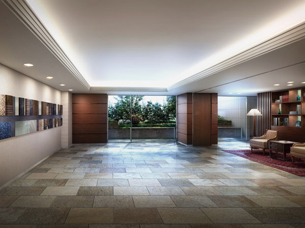 Shared facilities.  [Weave texture and detail design, Magnificent High Yingbin space] When you exit the auto door of fabric glass decorated with ikat pattern welcomed people to visit the Art Wall was the motif of the city of Ginza Chuo-dori, Invite you to the entrance hall. Its flow line, Directing the continuity and calm of space by unifying the floor in the Italian texture rich tile. Texture of soft sense of sheer and floor tiles of fabric glass, And Art Wall .... Everything is directed to realize the magnificent Yingbin space worthy of this land. (Entrance Hall Rendering)