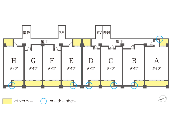 Shared facilities.  [Separating the 1 floor 8 House in every four House, Ensuring the privacy and sense of openness] With consideration to the privacy of by dividing the 1 floor in 4 House by two block, D ・ 2 type dwelling unit design that enhance the sense of openness and dihedral balcony of E. Also, A type of entrance and B ・ C ・ D ・ E ・ Some windows of the H type we have extended sense of openness and brightness by adopting a corner sash. (Conceptual diagram)