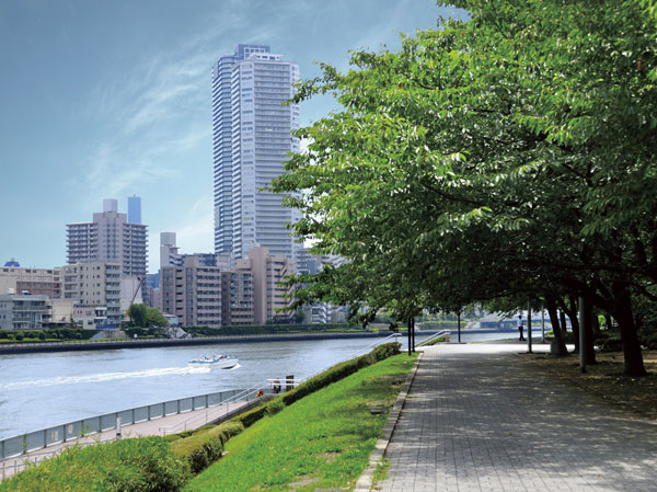 Surrounding environment. Trees swaying gently in the line of sight of the former. Akashi-cho, It boasts a 16.4% and a high green coverage rate in the Chuo-ku. Each other next to be with the district Tsukiji with Hamarikyu Garden, Will come true every day to be healed in lush greenery, yet the city center. (Sumida River Terrace / About 350m, A 5-minute walk)