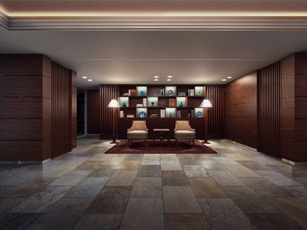 Buildings and facilities. In one section of the entrance hall, It was nestled deep relaxation deliver a lounge for those who live while incorporated into the design of the cultural aroma and dignity of the Akashi-cho. Place the stately sofa in the center, Set up a library (bookshelf) also becomes a cabinet on its back. Such as decorate the craft of Edo Kiriko on the shelf, Carousel exudes a sophisticated taste that also combine emotional sum yet modern. Every single commitment was skillfully superimposed the beauty of the Japanese and Western is the quality of the crystal, Deeply and richly produce a living. (Lounge Rendering)