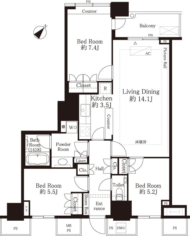 Floor plan. 3LDK, Price 67 million yen, Occupied area 79.67 sq m , Balcony area 5.29 sq m floor plan