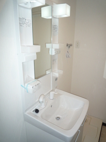 Washroom. It's shampoo is a dresser with a happy facility!