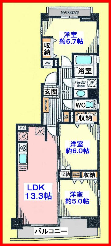 Floor plan. 3LDK, Price 33,900,000 yen, 3LDK of occupied area 71.11 sq m southwest angle room
