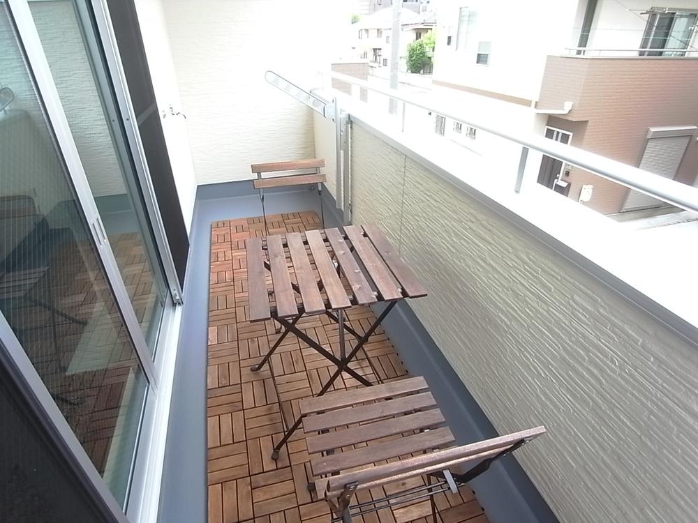 Balcony. Balcony of the model house D Building. Spacious is living.