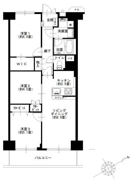 Floor plan. 3LDK, Price 29,900,000 yen, Occupied area 63.28 sq m , Balcony area 7.84 sq m