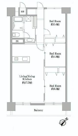 Floor plan. 3LDK, Price 31,900,000 yen, Occupied area 74.88 sq m , Balcony area 9.1 sq m