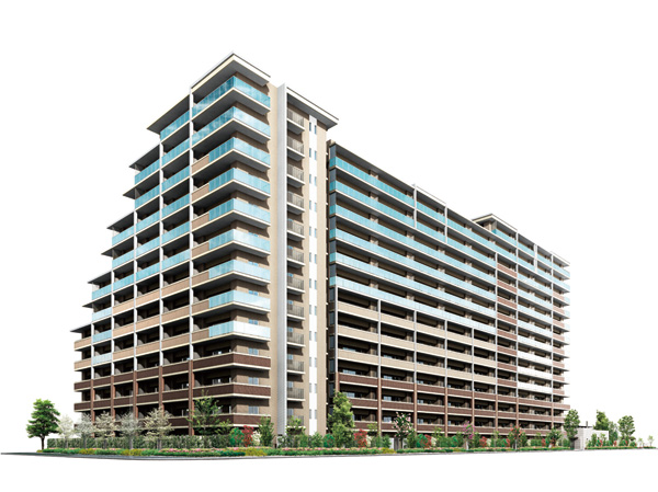 Features of the building.  [Mansion design to draw a symbolic landscape] All 239 House, Wrapped in a material-friendly color and texture of the earth color, By to have a change in the design, It has a landscape development that blend to calm streets around with a focus on low-rise housing. Produce a calm atmosphere by using a tile of heavy texture to the foundation part of the fourth floor from the first floor. By using the natural colors and glass on the upper floors from the middle, Such as go-through towards the sky, Design a rising sense of. Shine in the green of abundant planting, It makes the face of the symbolic city. (Exterior CG)