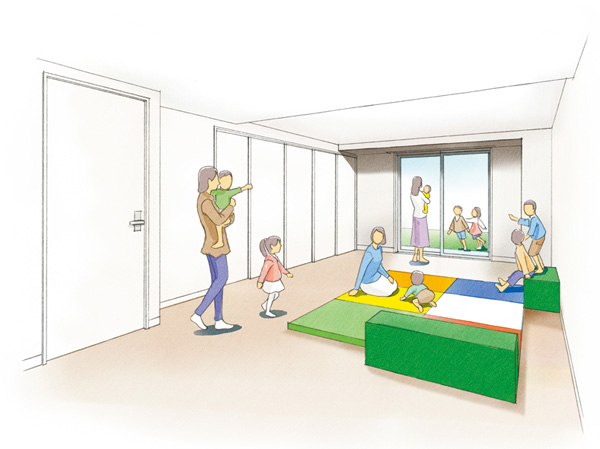 Shared facilities.  [Kids Room] Next to the party room by providing a kids room to play children, We create a space that Ikeru to expand the community circle of between those who live. Spread the play lot for outdoor, Spreads open space as an extension of a children's room or party room is on a clear day.  ※ Appointment ・ Paid (Kids Room Rendering Illustration)