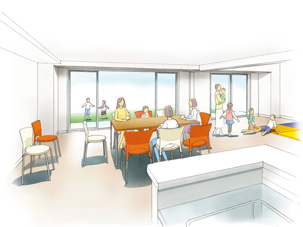 Shared facilities.  [Party Room] Near the elevator hall, Children's birthday party or tea party, such as, Set up a party room that can be used for a variety of gatherings. Party room and a children's room and opened the sliding door, Become a large space of the human connection, It can also be used in more and more people gather events.  ※ Appointment ・ Paid (party room Rendering Illustration)