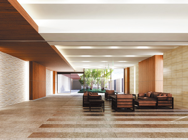 Shared facilities.  [Lounge to let loose and feel the adult of elegance] Between the master entrance and Grand entrance, It has established a lounge as Yingbin space. The softly lit tranquil space in indirect lighting, Arranged comfortably the sofa and table, The glass over a wider green of view, such as the landscape that is open to the picture Garden. (Lounge Rendering CG)