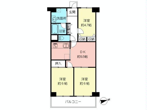 Floor plan. 3DK, Price 22,800,000 yen, Footprint 61.6 sq m , Balcony area 7.84 sq m
