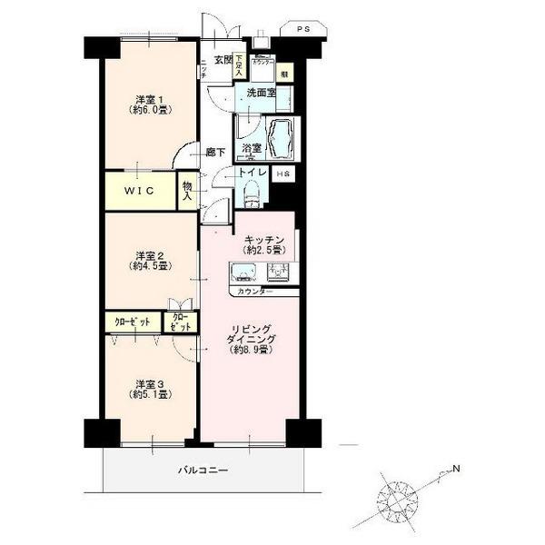 Floor plan. 3LDK, Price 29,900,000 yen, Occupied area 63.28 sq m , Balcony area 7.84 sq m