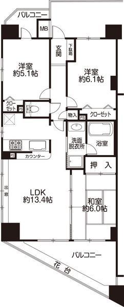 Floor plan. 3LDK, Price 31.5 million yen, Occupied area 66.05 sq m , Balcony area 11.38 sq m is a popular counter kitchen! It is to be replaced in the gas range unused goods.