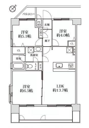Floor plan. 3LDK, Price 31,800,000 yen, Footprint 65.8 sq m , Balcony area 5.24 sq m