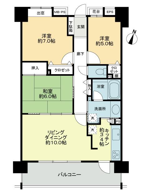 Floor plan. 3LDK, Price 34,800,000 yen, Occupied area 70.03 sq m , Day on the balcony area 12.42 sq m south-facing, View, Ventilation is good.