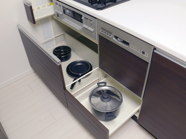 Kitchen.  [Storage space] Such as a large wok or frying pan, It can bulky cookware is easy out.
