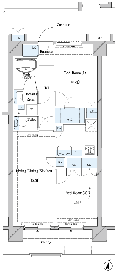 Floor: 2LDK + WIC + SIC + TR, the occupied area: 57.07 sq m