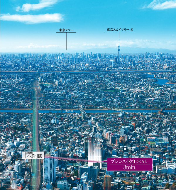 Surrounding environment. Because every day is a day-to-day ideal. "Koiwa" Station 3-minute walk, To Tokyo 16 minutes. Here is the land that connects the city center to the smart. Wearing a close to refine the city center, Downtown pleasant place to taste also feel. It is the expression of the variety of town, It gives you the color to life.  (Actually a little different in that has been subjected to some CG work on aerial photographs of the surrounding local (2013 February shooting). Also, Light representing the position of the local does not indicate the scale and height of the building)