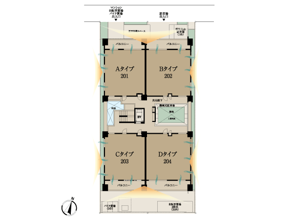 Buildings and facilities. ventilation ・ Daylighting ・ It will produce the ensuring corner dwelling unit rate of 100% in consideration of the privacy airy living space. Also, Adopt the out-frame design that beams and pillars does not project to the living space. After the room looks neat, The layout of the furniture is also free. You can use to enable the space. (Site layout conceptual diagram / In fact and may differ slightly from the ones that caused draw based on the drawings of the planning stage)