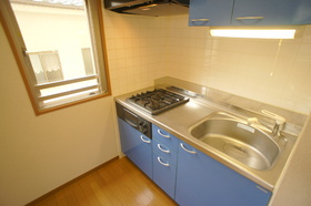 Kitchen. Fresh two-burner gas system Kitchen in Blue