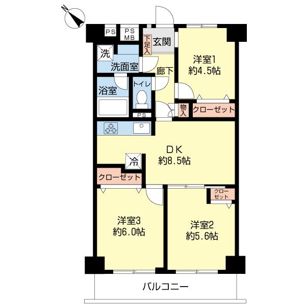 Floor plan. 3LDK, Price 26,900,000 yen, Footprint 56 sq m , Balcony area 6.62 sq m Floor