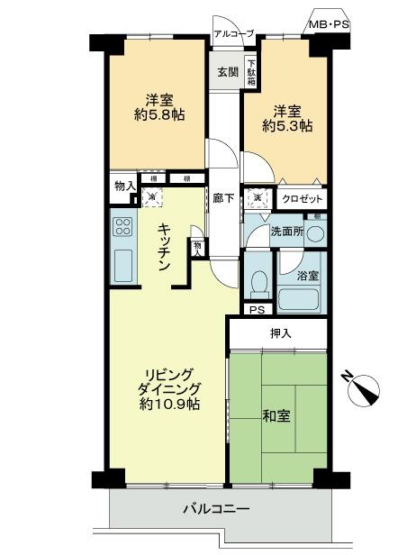Floor plan. 3LDK, Price 22,800,000 yen, Occupied area 71.58 sq m , Balcony area 8.1 sq m 3LDK  [May 2005 renovation history Yes]