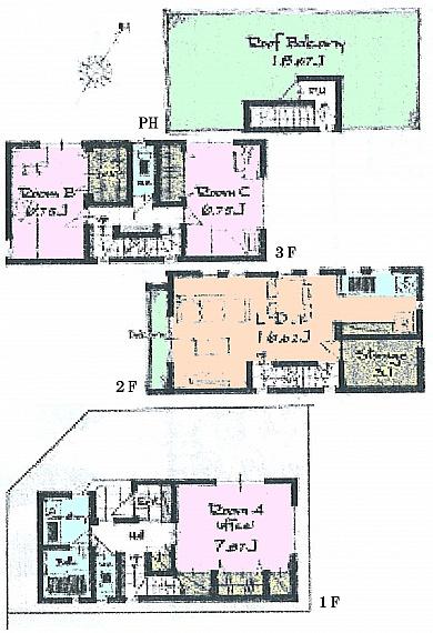Floor plan. 42,800,000 yen, 3LDK+S, Land area 68.74 sq m , Building area 107.64 sq m Floor
