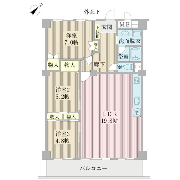 Floor plan. 3LDK, Price 34,800,000 yen, Occupied area 81.73 sq m , Balcony area 11.14 sq m