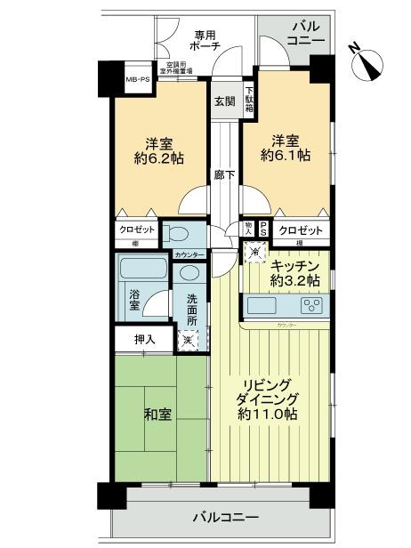 Floor plan. 3LDK, Price 27,800,000 yen, Occupied area 70.15 sq m , Balcony area 12.71 sq m 3LDK Occupied area / 70.15 sq m Balcony area / 12.71 sq m Pouch area / 4.98 sq m Southwestward Southwestward