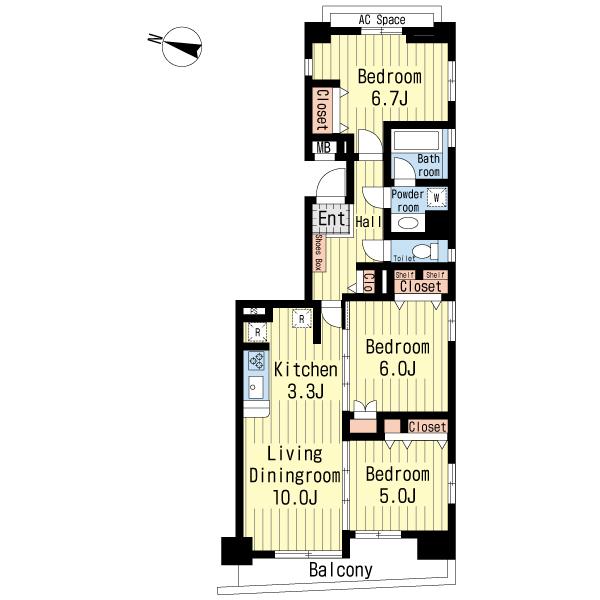 Floor plan. 3LDK, Price 33,900,000 yen, Occupied area 71.11 sq m , Balcony area 5.96 sq m