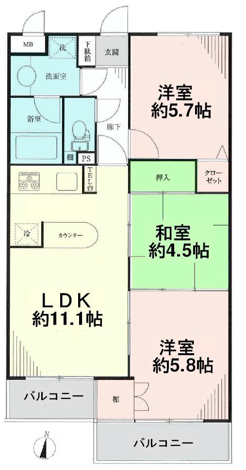 Floor plan. 3LDK, Price 21,800,000 yen, Occupied area 60.69 sq m , Balcony area 6.71 sq m