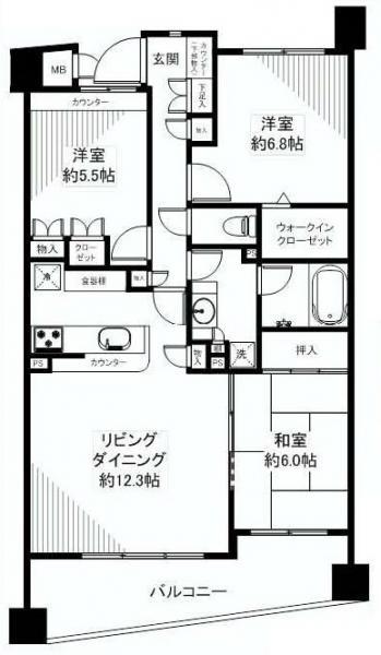 Floor plan. 3LDK, Price 34,800,000 yen, Footprint 77.3 sq m , Balcony area 12.1 sq m